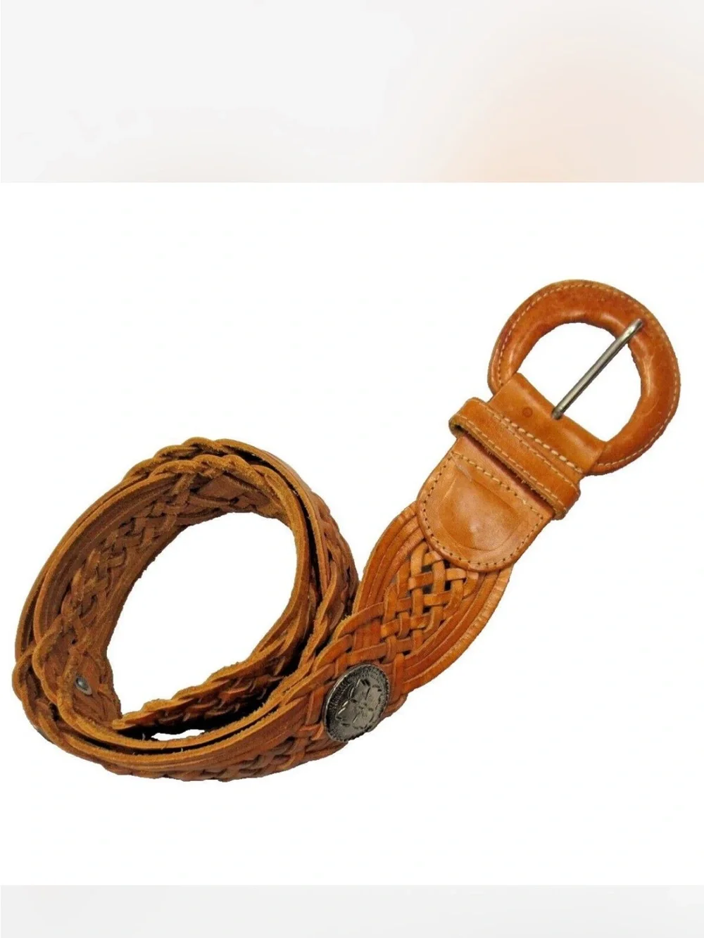 Vintage Tan Braided Leather Belt with Round Buckle